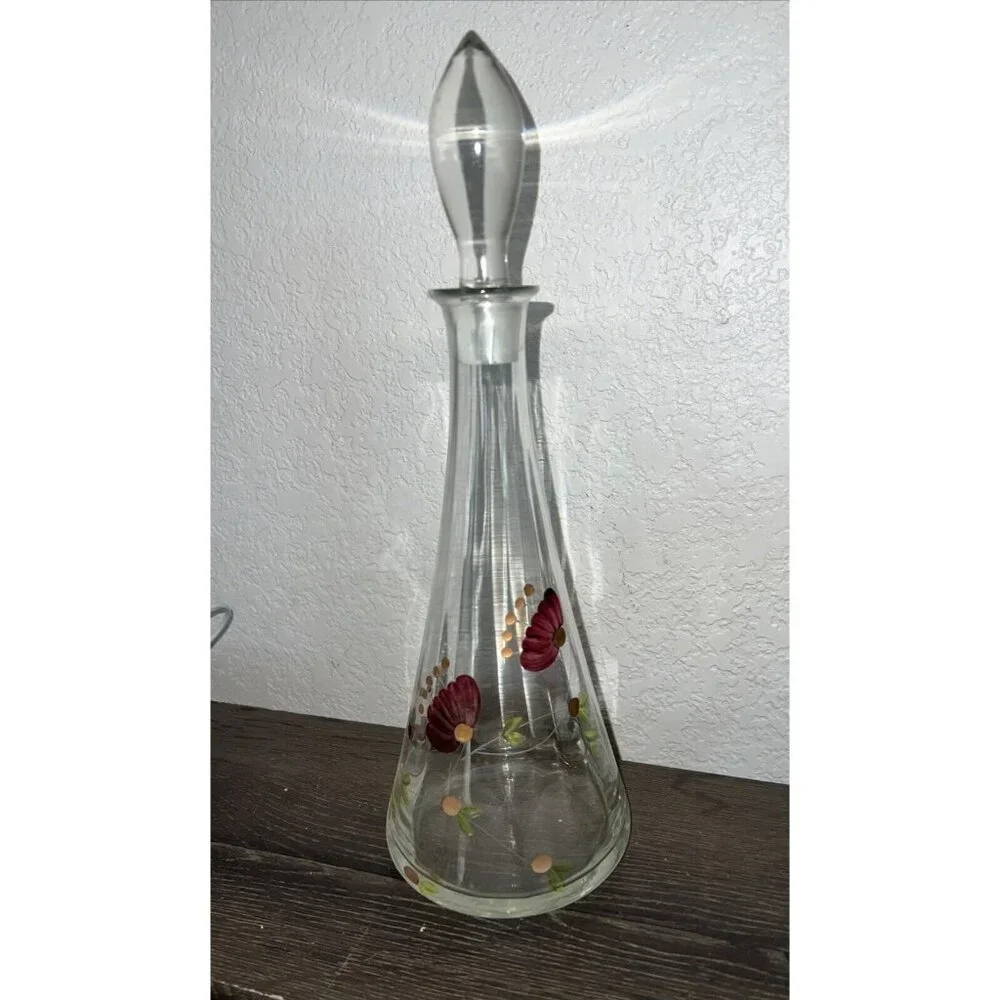 Hand Painted Glass Carafe with Cap, Decanter Vintage Romania Flowers Italy